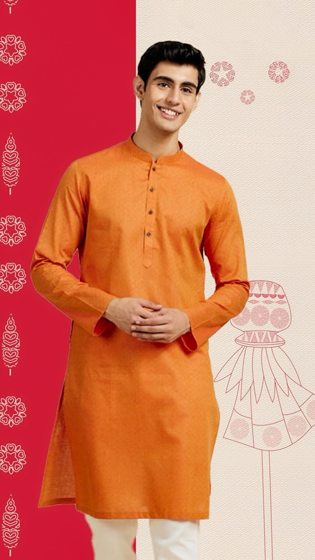 Man wearing a traditional orange kurta with white pants, dressed for Gudi Padwa celebrations, posing against a festive red and beige backdrop with cultural motifs.